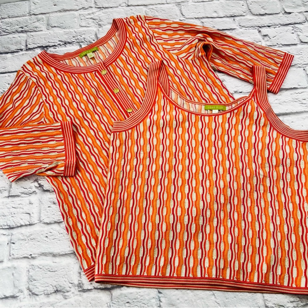 Sigrid Olsen Cardigan Sweater Set Size XL Pink Orange Geometric Button Front